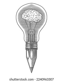 pencil-lightbulb and the brain inside, concept for education or learning, the battery of ideas, creative tool. Engraving drawing style vector Illustration