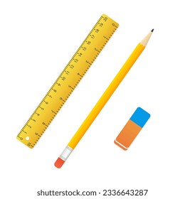 Pencil,ruler and eraser isolated on white background.Tool or equipment of write or design paper of school or office. School supplies. Wooden ruler instruments and school equipment. Vector illustration