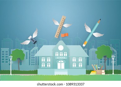 PENCIL,RULER,ERASER on the sky.Back to school education concept,vector and illustration.