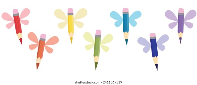 pencils of all colors of the rainbow, colored pencils, pencils with wings, flying magic pencils