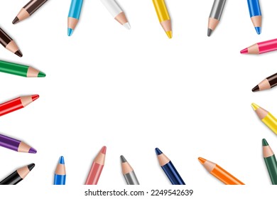 Pencils background. Scattered colored pencils. Mock up pencil or crayons. Colorful pencils frame border on White Background, realistic 3d vector illustration.