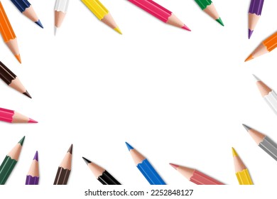 Pencils background. Scattered colored pencils. Mock up pencil or crayons. Colorful pencils frame border on White Background, realistic 3d vector illustration.