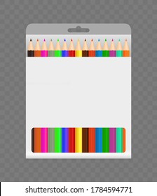 Pencils in box. Color pencils package isolated. Mockup of cardboard with wooden crayons for kids, school, advertising. Packaging with window. Realistic colored stationery for paper in office. Vector.