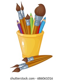 Pencils, brushes, drawing, creativity, glass, vector