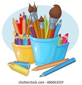 Pencils, brushes, drawing, creativity, glass, vector