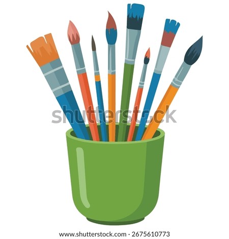 Pencils and brushes in jar isolated vector illustration on white background