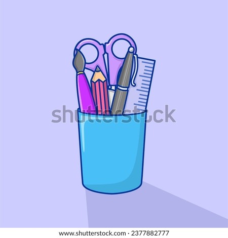 Pencils, brushes, ruler in stand, isolated on blue background. Colorful Home and office stationery in blue stand. Pencil stand for website design, logo. Cute vector illustration in cartoon style