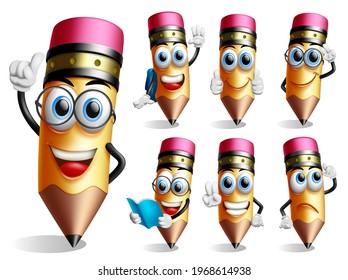 Pencils character vector set. Pencil 3d characters in thinking and reading pose and gestures isolated in white background for educational school supplies collection design. Vector illustration