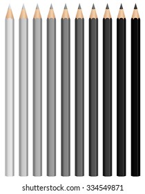 Pencils - charcoal crayons - gray scale from light gray to deep black. Illustration over white background.