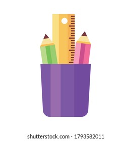 pencils colors in pencils holders school supplies flat style icon vector illustration design