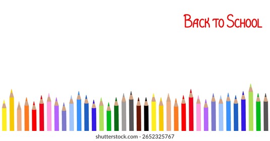 Pencils or crayons horizontal border template with Back to School text, colorful artistic or school stationery accessory for educational concept, colorful design, copyspace for your message
