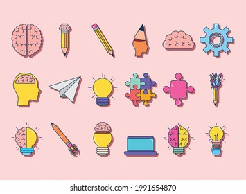pencils and creativity icon set