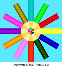 pencils of different colors are arranged in a circle on a blue background