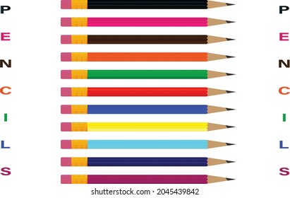 Lápices de diferentes colores. De vuelta a las escuelas, colorido vector de lápices.