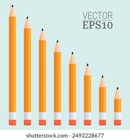 Bleistifte unterschiedlicher Länge. Satz Bleistifte mit Radiergummi. EPS10