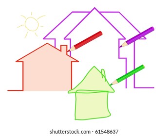 pencils draw different houses