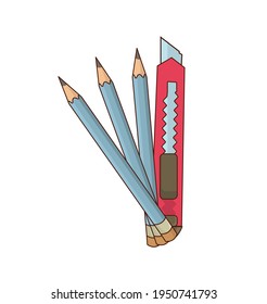 Pencils for drawing and a stationery knife. Artist's tools. Vector illustration. Design element, layout, print.