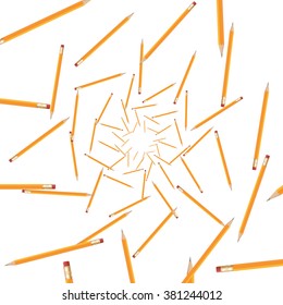 Pencils with eraser fall and randomly rotate, isolated on white background.