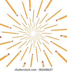 Pencils with eraser fly from the center, isolated on white background.