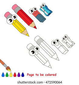 Pencils and eraser and sharpener to be colored. Coloring book to educate kids. Learn colors. Visual educational game. Simple level. Coloring pages.