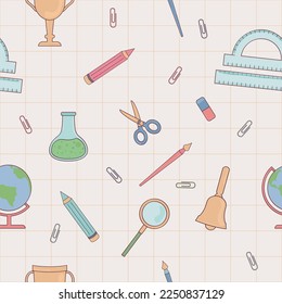Pencils, eraser, sharpener and ruler. Hand drawn vector illustration. Seamless pattern back to school