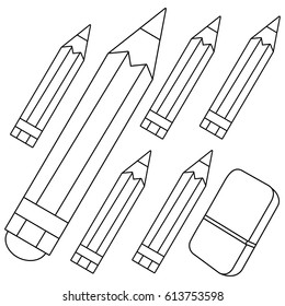 Pencils and eraser. Vector black and white coloring page.