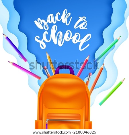 Pencils floating in the air with orange backpack in foreground and blue papercut background. back to school and education concept. Vector illustration