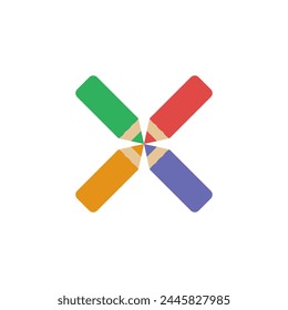 Pencils folded in the shape of a cross. Pencils folded in the shape of a cross. Four colored wooden pencils are folded together in the shape of a cross.