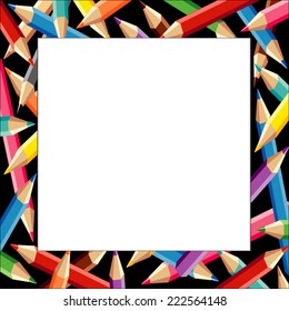 Pencils Frame, multi color square border, black background, copy space for do it yourself announcements, posters, stationery, scrapbooks, fliers for back to school, home and office. EPS8 compatible.