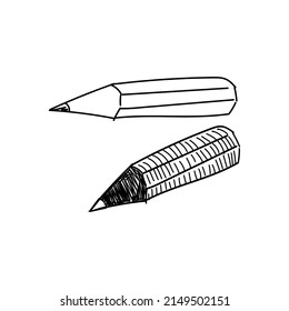 Pencils, a hand-drawn doodle in sketch style. Small pencils with different wood for drawing. Vector simple illustration.