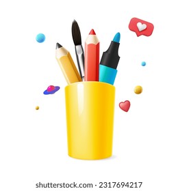 Pencils holder with different stationery in yellow plastic glass white background realistic. Vector illustration