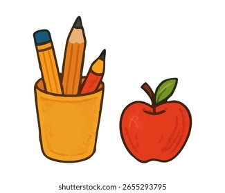 Lápis em titular com maçã vermelha ícone de sala de aula simples para educação escolar e conceitos de aprendizagem criativa. Ilustração vetorial.