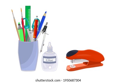 Pencils holder with school stationery isolated on white background. Back to school concept. Office, education and home supply stationery in plastic cup. Desktop organizer. Stock vector illustration