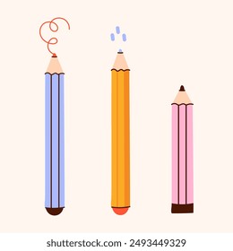 Pencils Icon set. Eraser Pen Flat Design. Blue,yellow and pink pencils and wooden object for writing and drawing. Back to school, teacher's day concept. Design templates.Vector illustration EPS10.