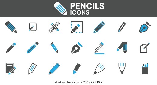 Pencils Icons Set, Containing All Pencils Icons Outlines, Vector Illustration Collection Editable eps10