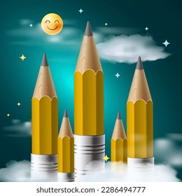 Pencils like buildings with the emoji sun shining on them and clouds, vector illustration