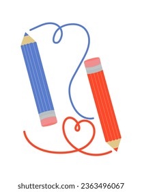 Pencils and line drawing. Line, heart Shape, zigzag, drawn in pencil. Stationery. Vector illustration, background isolated, white.