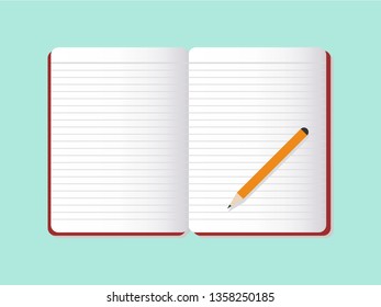 Pencils and notebooks are open on green background, memo book, Meeting report book, Office material, Stationary, School supplies. 
