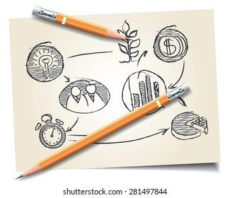 Pencils on a background of a startup scheme. Vector illustration