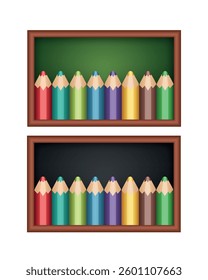 Pencils on a board. Empty Blackboard and border of pencils. Vector illustration.