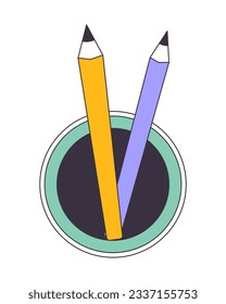 Pencils organizer top view flat line color isolated vector object. Desktop storage pen holder. Editable clip art image on white background. Simple outline cartoon spot illustration for web design