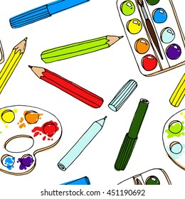 Pencils, paint,  brush and palette palette. Back to school illustration. Seamless texture background with pencil.  Doodle vector elements. Hand drawn sketch.