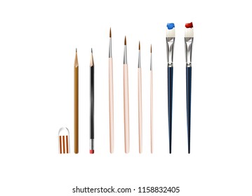 Pencils, Paintbrush, Rubber  isolated.