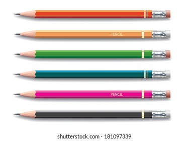 Pencils painted in different colors on white background. Vector illustration
