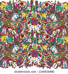 Pencils and paints, doodle sketch. Vector illustration, bright, hand-drawn