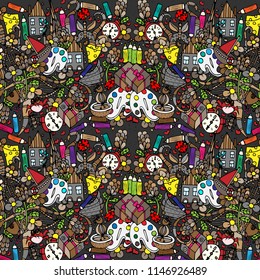 Pencils and paints, doodle sketch. Vector illustration, bright, hand-drawn