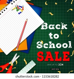 Pencils and paper book Background, Back to School sale