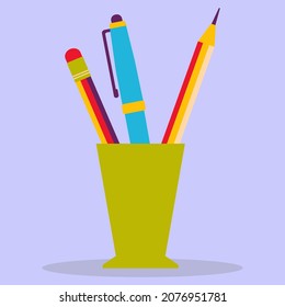 Pencils and a pen in a glass for the office. Vector flat illustration.