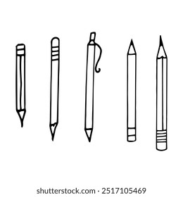 pencils, pen set hand drawn in doodle style. minimalism, monochrome, scandinavian, linear