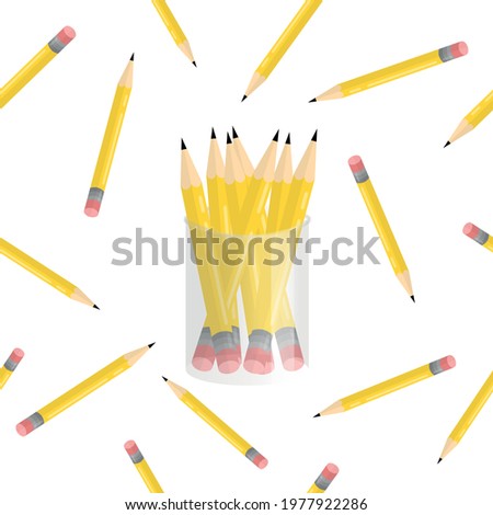 Pencils and pencil box vector seamless pattern. Vector pencils pattern on white background. Vector seamless pattern. Wallpaper, background, wrapping paper, banner card template, fabric textile prints.